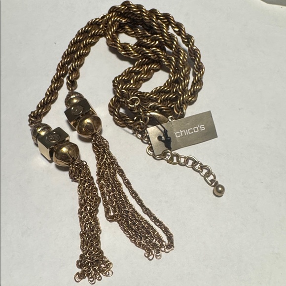 Chico’s Gold Tone Rope Chain Tassel Lariat Necklace Adjustable (BR666/7) - Picture 9 of 11